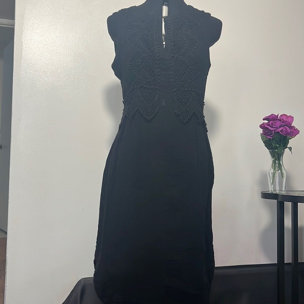 Anthropologie Gypsy 05 Sleeveless Cotton Midi Dress Crochet Details Size S Black